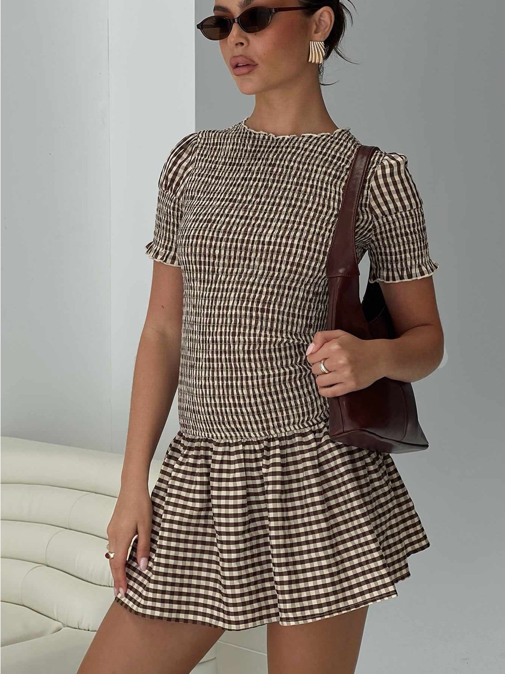 Princess Polly Women’s Laurita Shirred Mini Dress Size 4 Brown Check New W/ Tags